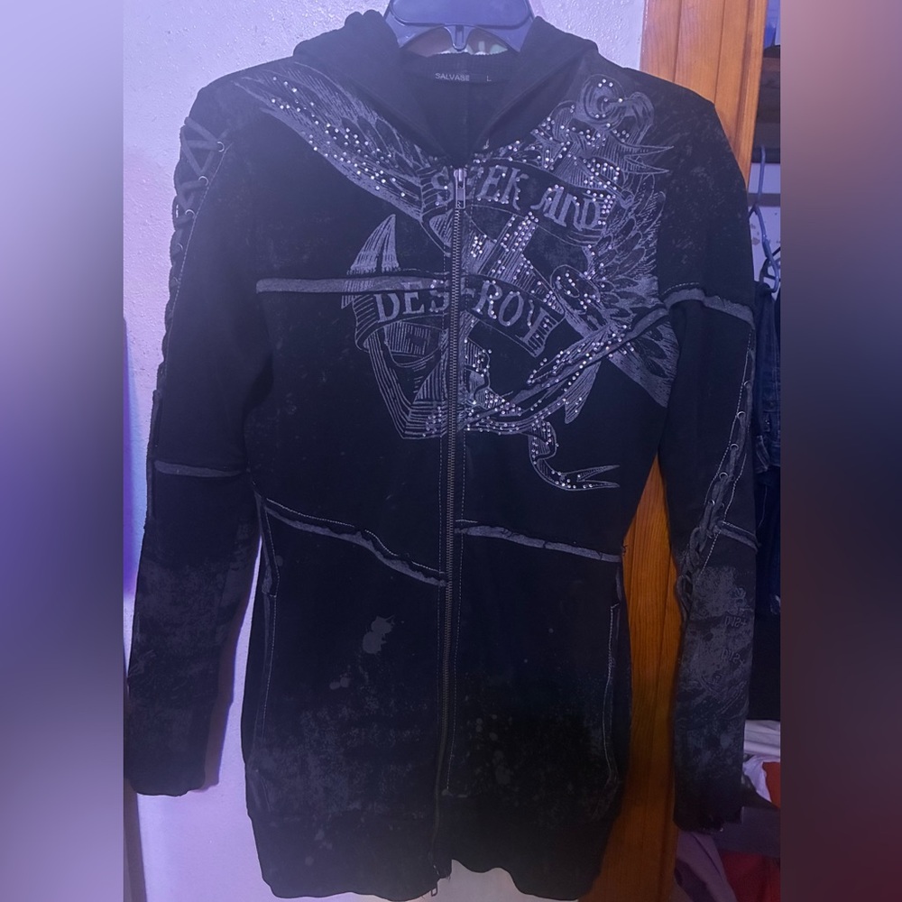 SALVAGE Rare Rhinestone Black Lace-Up Hooded Jacket. L